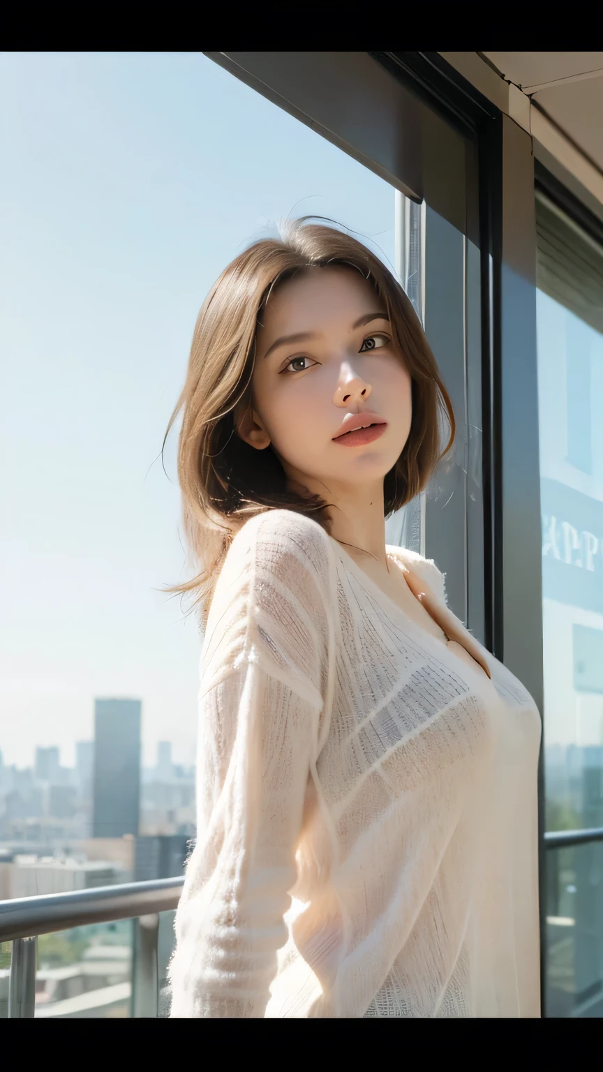 Japanese Idol、Cute face ((Walking through the local area, Happy)), masterpiece, Highest quality, Super detailed, alone, Cleavage:1.55,Glass office on the 50th floor, (View the viewer:1.2) (Skin Texture) (Film Grain: 1.3), (Warm colors, Warm tones): 1.2), close, Cinematic Light, Side light, Ultra-high resolution, Best Shadow, born, Wearing a pullover, Kodak Vision 3,