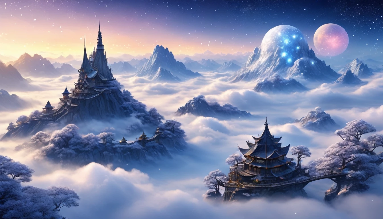 Th A surreal wonderland island floating in dreamy clouds,(Big Snowflake:1.3),色とりどりのBig Snowflakeが飛んでいます生命之樹綻放無限生機.,Twinkling stars in the night sky,Overlapping clouds and fog,fantasy landscape art, Beautiful Art Ultra HD 8K, 8K HD digital art, Beautifully detailed fantasy, Epic fantasy landscape, Mysterious and fantastic scenery, Magic fantasy is very detailed, magical scenery, Big Snowflakeと幻想的に浮かぶ妖精の島々Consists of。, Detailed fantasy digital art, 8K detailed digital art