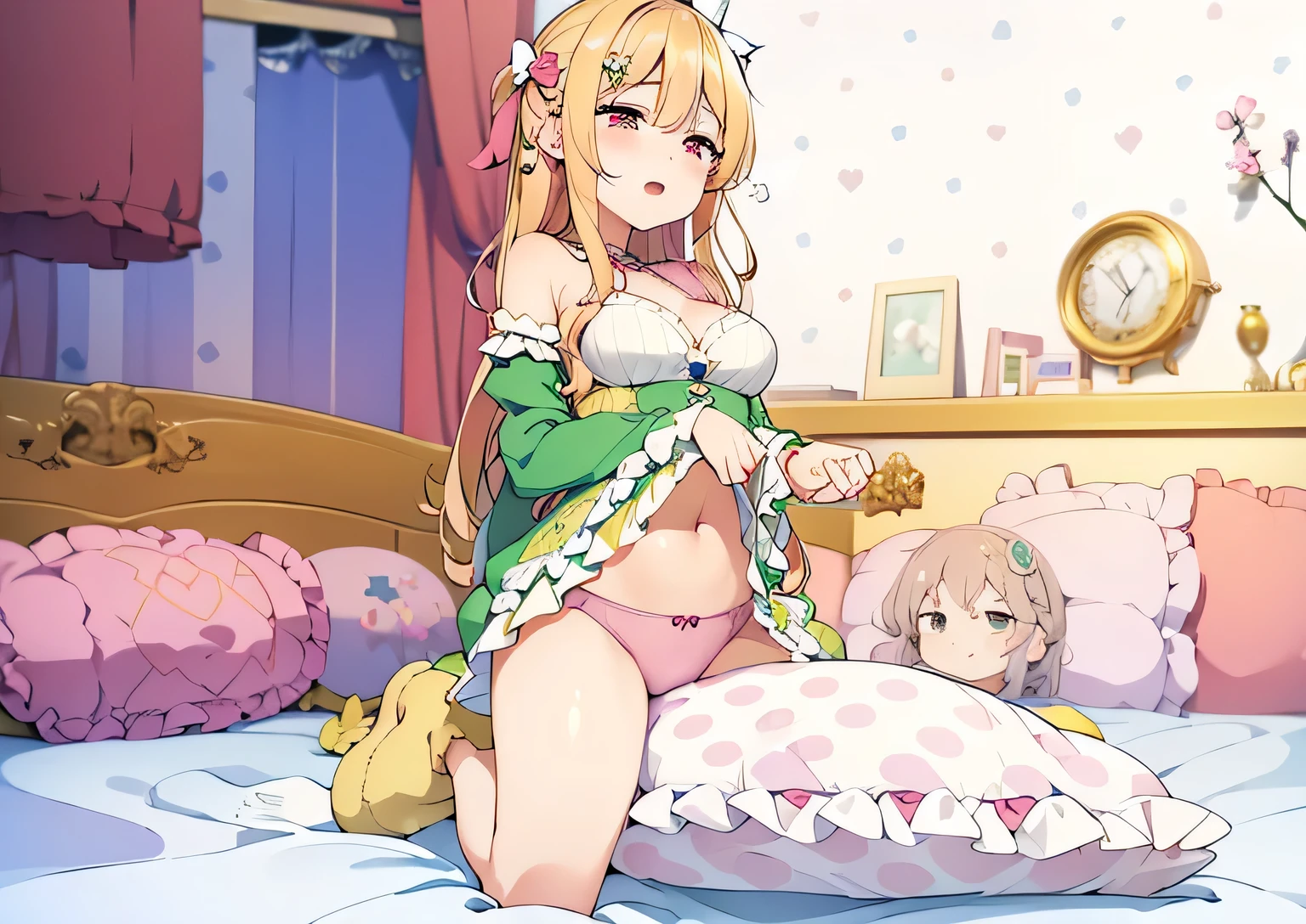 (best quality, masterpiece),mine , details), (Light and shadow oxtail , bed background, Cute girl posing on pillow ,Pillow,(piles of Pillow),Upholstered,((four poster bed)),Soft pillow quotation,Lots of Pillow,(Pillow),The love surrounding the protagonist,steam,Luxury Pillow),(luxury bed),(Gorgeous pattern pillow),luxurious pillow,(bedroom ),pillow ,hump,opouth,red eyes , kneeling,(Love around the protagonist),(Steaming hot),(pillow),Four poster bed,Canopy bed,Lots of pillow heads,princess bed , frilled pillow , long hair , frilled pillow , (pink polka dot pillow)