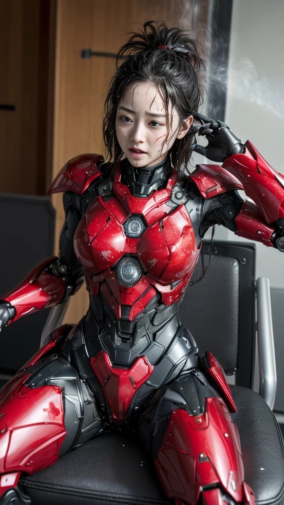 Rough skin, Very detailed, Advanced Details, high quality, 最high quality, High resolution, 1080P 、、Red Armor、Wearing red and black、cute((During a break))(破損したwoman用ロボットスーツを着用...)(Red Armor)(Broken Armor)Black Hair、、Soaking wet、Soaked Face Place the headgear aside Beautiful Face、Hot look knock down、よだれing from the mouth、woman (Steam coming out of the face) ((Steam from the body)) Sit on a chair Filming locations I can see the vagina Open the crotch to the front look up