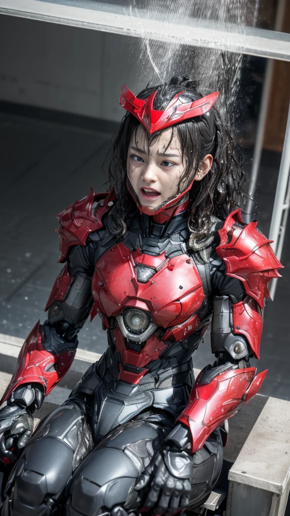 Rough skin, Very detailed, Advanced Details, high quality, 最high quality, High resolution, 1080P 、、Red Armor、Wearing red and black、cute((During a break))(破損したwoman用ロボットスーツを着用...)(Red Armor)(Broken Armor)Black Hair、、Soaking wet、Soaked Face　Place the headgear aside　Beautiful Face、Hot look　knock down、よだれing from the mouth、woman　(Steam coming out of the face) ((Steam from the body)) Sit on a chair　Filming locations　I can see the vagina　Open the crotch to the front　look up