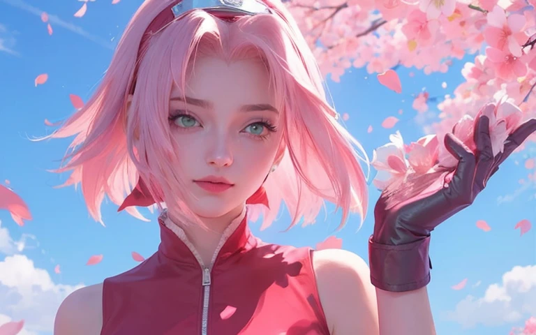 young woman, short shoulder-length pink hair, wide forehead, porcelain skin, pink eyebrows, big emerald green eyes, buttoned nose, full lips, heart-shaped face, slender body, small breasts, red tank top, Sakura Haruno , realistic, realism, details, 3d, well detailed
