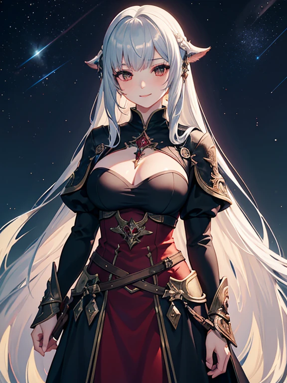 SFW, masterpiece, Highest quality, 8K, Final Fantasy Style, ff14style, One girl, Very long straight hair, Silver Hair, Large Breasts, Beauty, whole body, Sage, Cape, red+Black clothes, Outdoor, Starry Night, Soft light glow, smile