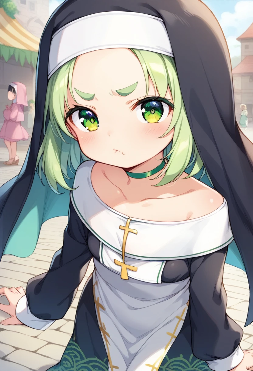 score_9, ,score_7_up, score_6_up, 1girl, source_cartoon, source_anime,breathtalking Scenery,watercolor,smooth soft skin, natural skin,aij
BREAK
(loli:1.4),( female child: small breast,cute face, (loli toddle1.1), yo,kawaii, (highlight on eyes), (jiggly:0.8), shiny skin,beautiful eyes, detailed eyes, puffy eyes,
BREAK
(medium green hair:1.3),(green maro eyebrows:1.6),pouty and slightly grumpy,(pout:1.2), ::(, (jitome),(frown:0.6),white streaked hair, green eyes,
BREAK
from behind, behind shot,(zigzag pattern nun dress), (pastel veil:1.2),choker,nun,excessive detailed collarbone,exposed collarbone, dynamicangle,
BREAK
As the cultural festival unfolded, the picturesque setting of the old town, with its cobblestone streets and ancient architecture, seemed to transport us back in time