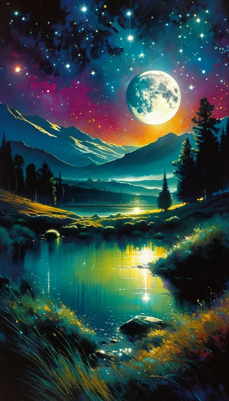 a stunning night sky, a full moon shining brightly, twinkling stars scattered across the sky, a magical and fantastic landscape, oil painting, (art inspired in Bill Sienkiewicz:1.2), (best quality,4k,8k,highres,masterpiece:1.2),ultra-detailed,(realistic,photorealistic,photo-realistic:1.37),dramatic lighting,cinematic,moody atmosphere,deep shadows,rich colors,dynamic composition