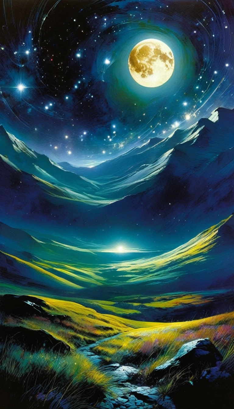 a stunning night sky, a full moon shining brightly, twinkling stars scattered across the sky, a magical and fantastic landscape, oil painting, (art inspired in Bill Sienkiewicz:1.2), (best quality,4k,8k,highres,masterpiece:1.2),ultra-detailed,(realistic,photorealistic,photo-realistic:1.37),dramatic lighting,cinematic,moody atmosphere,deep shadows,rich colors,dynamic composition