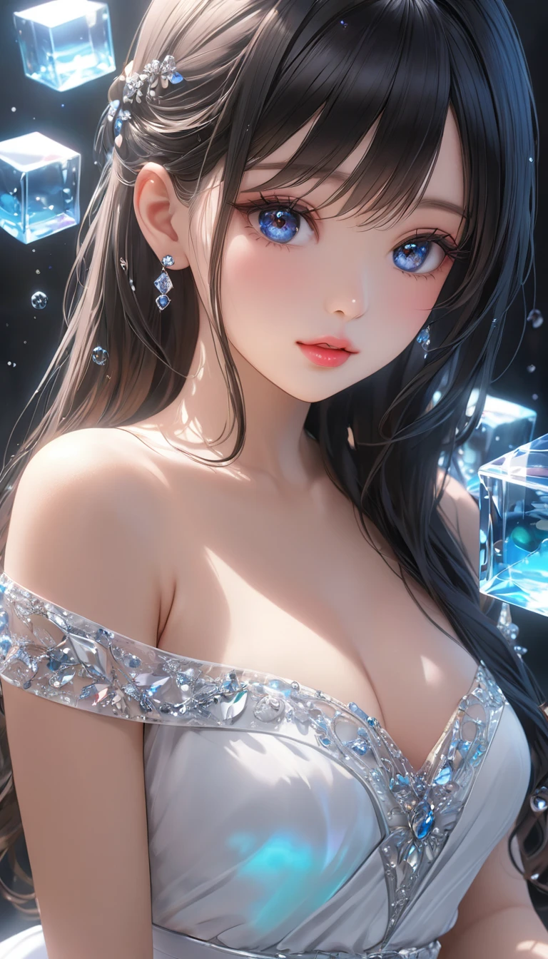 girl, beautiful girl, cute girl, sexy girl, smart girl, idol model, long black hair, upper waist length hair, black eyes, white dress, flowing black skirt, glass cube, hologram body, anime style, hyperrealistic, (best quality,4k,8k,highres,masterpiece:1.2),ultra-detailed,(realistic,photorealistic,photo-realistic:1.37),extremely detailed face and eyes,beautiful detailed lips,beautiful detailed eyes,long eyelashes