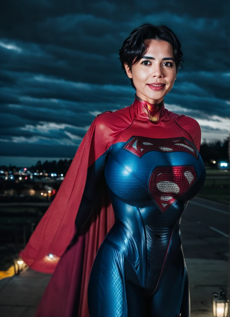 photo of supergirl, short hair, bodysuit, cape, smile, outdoors stormy night, background sky, analog style (look at viewer:1.2) (skin texture), Fujifilm XT3, DSLR, 50mm