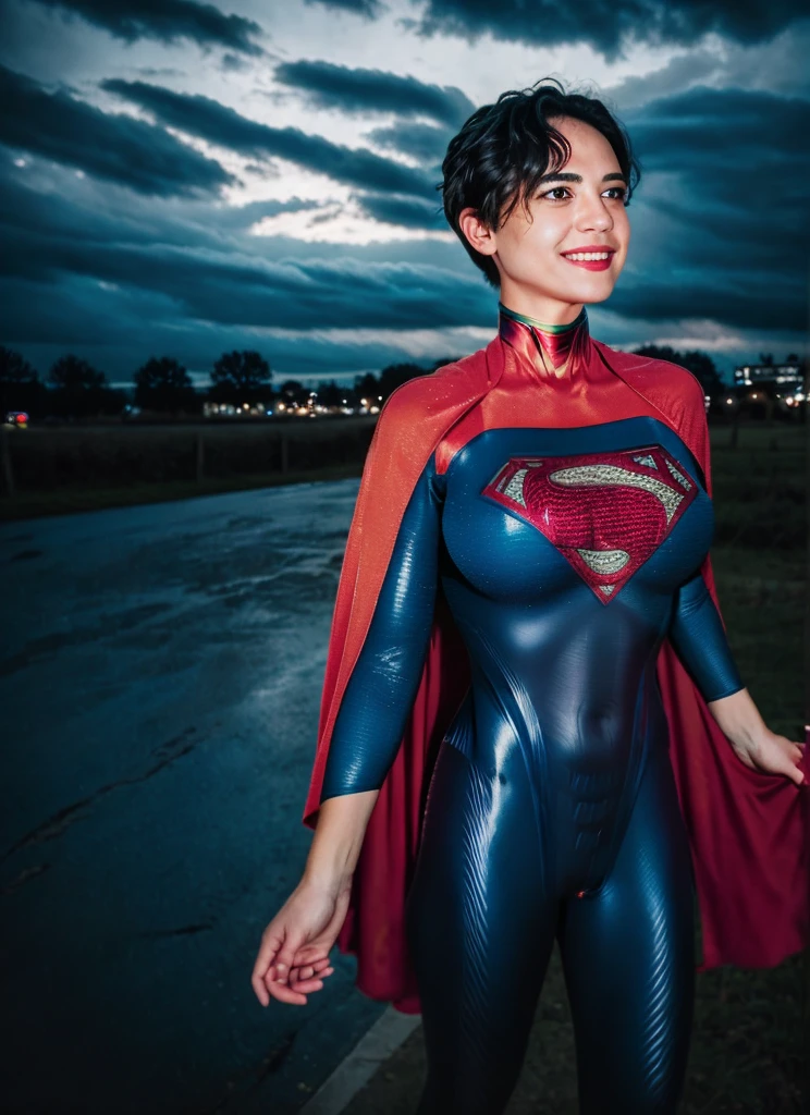 photo of supergirl, short hair, bodysuit, cape, smile, outdoors stormy night, background sky, analog style (look at viewer:1.2) (skin texture), Fujifilm XT3, DSLR, 50mm