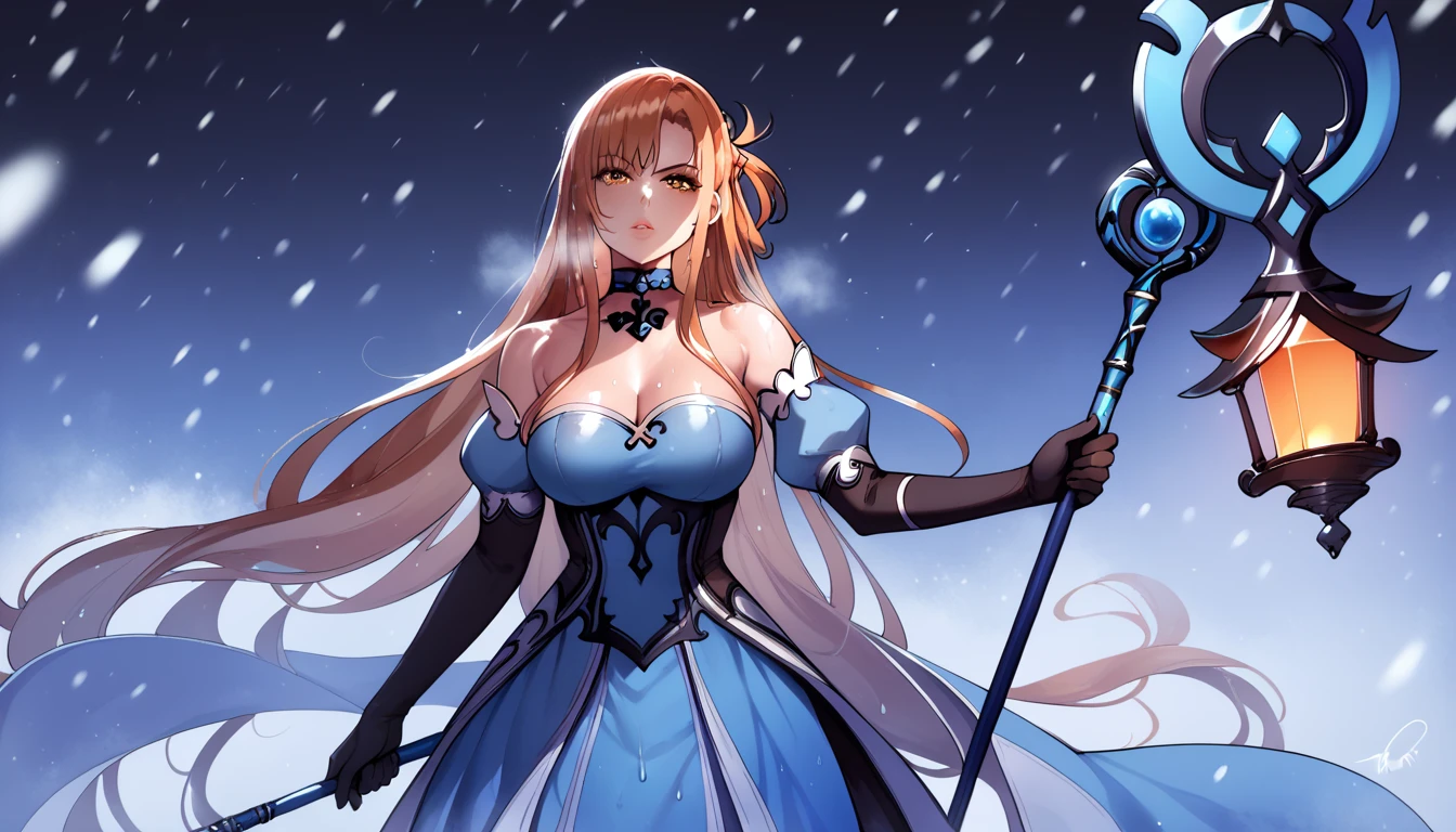 score_9, score_8_up, score_7_up, score_6_up, uncensored, Yuuki Asuna, absurdly long hair, orange eyes, orange hair, very long hair, lips, shiny skin, sweating, wet, wet hair, steaming body, heavy breathing, large breasts, detailed body, detailed eyes, expressionless, glaring eyes, 1girl, staff, solo, snowing, bare_shoulders, breasts, gloves, jewelry, holding_staff, snow, blue_dress, detached_sleeves, snowflakes, holding, strapless_dress, choker, strapless, looking_at_viewer, holding_staff, standing, 