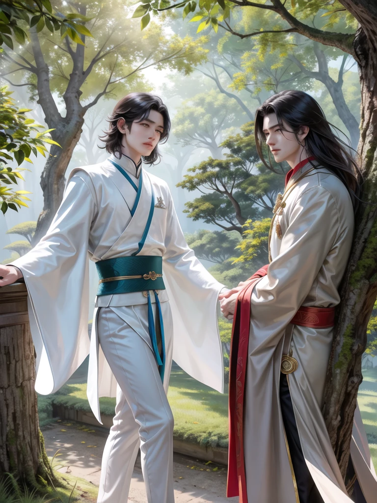 Under the evening sun that shines down The wind blew through the leaves of the ancient sacred tree. Hao Ran, a handsome man who had shone in the world, stood beside Zhang Min, a handsome young man. Full of charm The two stared into each other's eyes with eyes full of love and tenderness. Hao Ran was tall and slender, with long, raven black hair. Tied up with a red bow Bright blue eyes radiated determination. He wore a white noble robe embroidered with a golden dragon pattern. His aura was filled with power and awe. Zhang Min's body was slender. Long, jet black hair, flowing freely, light brown eyes twinkling with gentleness. He wore a royal blue robe embroidered with a crane pattern. His aura was filled with elegance and fascination. The couple stood side by side under the shade of the sacred tree. The sunlight shone down on their faces. The image of their handsomeness is as perfect as a painting. Hao Ran reached out and touched Zhang Min's cheek. His fingertips gently brushed over the smooth, soft skin. Zhang Min closed his eyes. Letting Hao Ran caress his face fully.