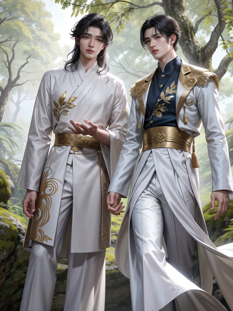 Under the evening sun that shines down The wind blew through the leaves of the ancient sacred tree. Hao Ran, a handsome man who had shone in the world, stood beside Zhang Min, a handsome young man. Full of charm The two stared into each other's eyes with eyes full of love and tenderness. Hao Ran was tall and slender, with long, raven black hair. Tied up with a red bow Bright blue eyes radiated determination. He wore a white noble robe embroidered with a golden dragon pattern. His aura was filled with power and awe. Zhang Min's body was slender. Long, jet black hair, flowing freely, light brown eyes twinkling with gentleness. He wore a royal blue robe embroidered with a crane pattern. His aura was filled with elegance and fascination. The couple stood side by side under the shade of the sacred tree. The sunlight shone down on their faces. The image of their handsomeness is as perfect as a painting. Hao Ran reached out and touched Zhang Min's cheek. His fingertips gently brushed over the smooth, soft skin. Zhang Min closed his eyes. Letting Hao Ran caress his face fully.