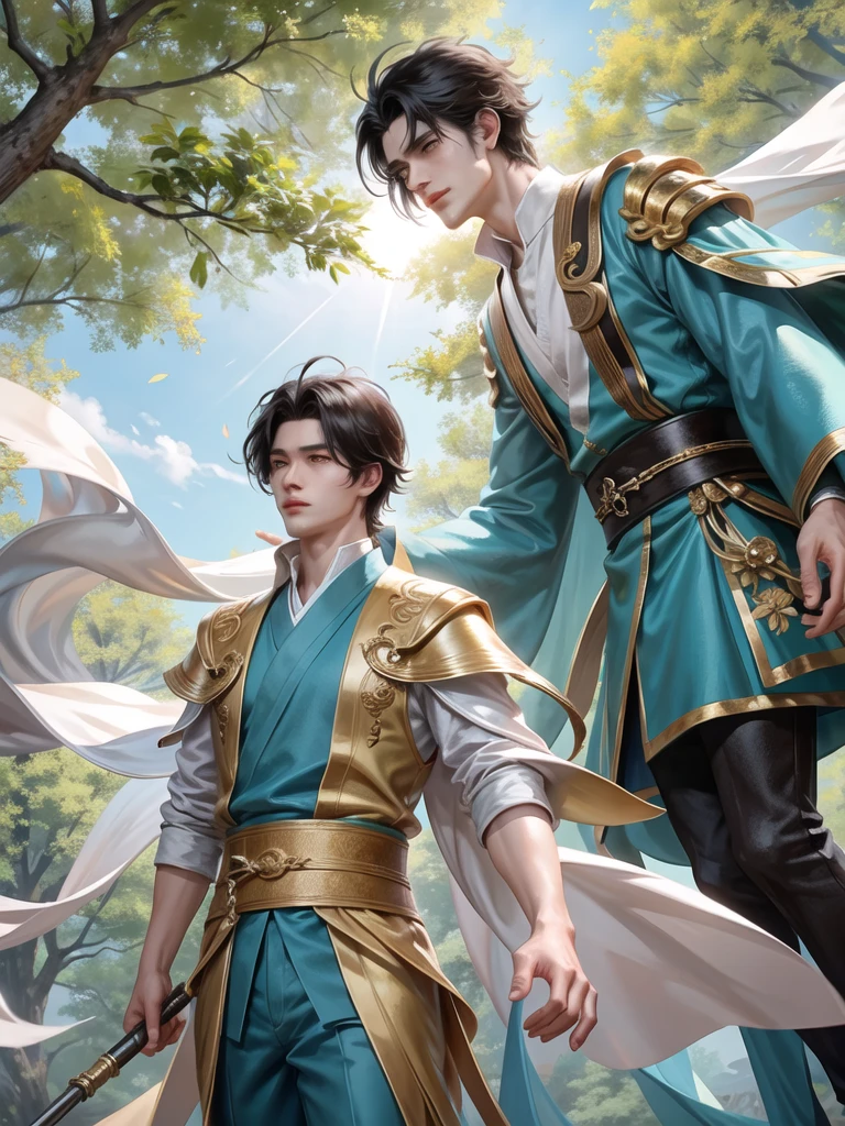 Under the evening sun that shines down The wind blew through the leaves of the ancient sacred tree. Hao Ran, a handsome man who had shone in the world, stood beside Zhang Min, a handsome young man. Full of charm The two stared into each other's eyes with eyes full of love and tenderness. Hao Ran was tall and slender, with long, raven black hair. Tied up with a red bow Bright blue eyes radiated determination. He wore a white noble robe embroidered with a golden dragon pattern. His aura was filled with power and awe. Zhang Min's body was slender. Long, jet black hair, flowing freely, light brown eyes twinkling with gentleness. He wore a royal blue robe embroidered with a crane pattern. His aura was filled with elegance and fascination. The couple stood side by side under the shade of the sacred tree. The sunlight shone down on their faces. The image of their handsomeness is as perfect as a painting. Hao Ran reached out and touched Zhang Min's cheek. His fingertips gently brushed over the smooth, soft skin. Zhang Min closed his eyes. Letting Hao Ran caress his face fully.