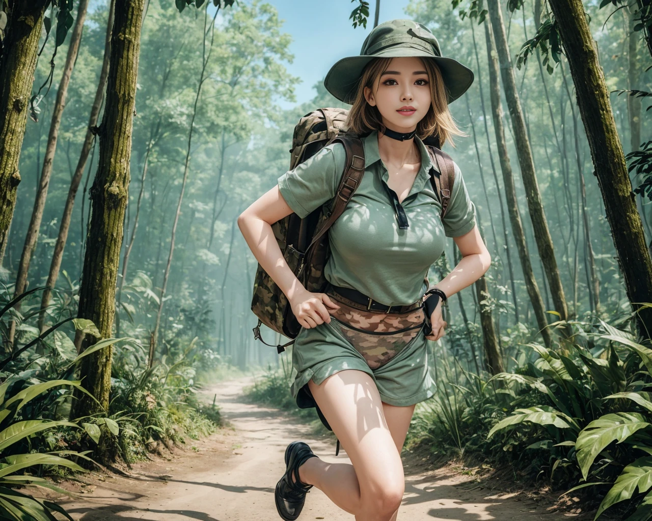 8K, masutepiece, Raw photo, Best Quality, Photorealistic, Highly detailed CG Unity 8k wallpaper, depth of fields, Professional Lighting, Ray tracing, (Extremely beautiful face, Beautiful lips, Beautiful eyes), intricate detail face, ((Ultra detailed skin)) 1girl in, deepshadow, Cute s, ((Looking at Viewer)), (seducting smile), (Blurry background), (long saggy breasts:1.3), (Large breasts、Huge breasts:1.5), (Female soldiers:1.3), Clear eyes, black backgrounds, Front shot, (pale skin), Face forward, (Big eyes), (upperbody shot), (Camel toe), (Camouflage T-shirt), (hi-top fade:1.5), ((I can see panties:1.3)),