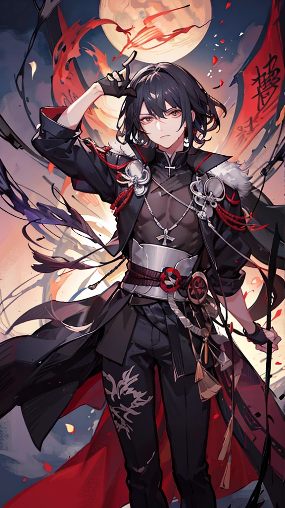1 boy, black hair, red eyes with five-pointed stars in both of them