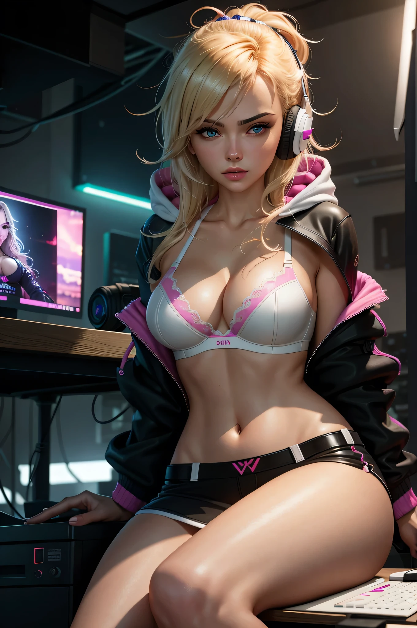 dynamic pose, dynamic angle, edgy and gritty.
1girl, dark room, gamer girl photo from below desk, dark hoodie, blonde, large white gamer headphones, small ,
Sitting at computer desk, multiple monitors, streamer setup. holding game pad, joystick, game controller.
white top:1.2, cleavagbra:1.2, top does not fully cover the pink bra, bra visible a bit, (masterpiece, best quality), (detailed skin:1.2, detailed face:1.2),
dslr, realistic, looking at monitor, sharp focus, delicate, soft colors, cinematic lighting,