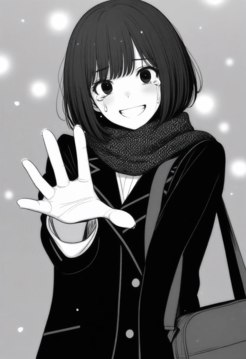 masterpiece, best quality, 1girl, mamerakkkkko, grayscale, manga style, japanese, chi no wadachi, black eyes, street, iced, black hair, schoolbag, smile, lineart, black coat, black scarf, black pleated skirt, leggins, centered, 18 years old, tall, fair skinned, bokeh background, crying, tears, tears streaming, bob cut, light particles, centered, snowing, (((reaching out left hand to viewer, perfect hand, detailed hand:1.1))