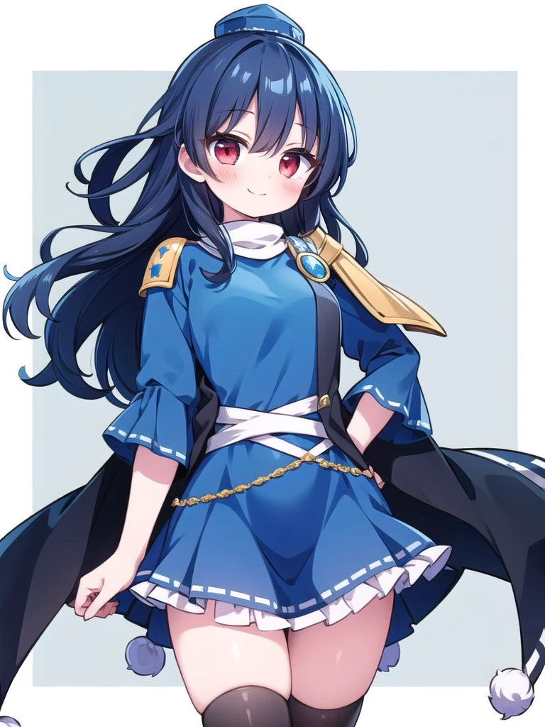 1girl, masterpiece, best quality, perfect hands, iizunamaru megumu, black skirt, blue hair, long hair, shoulder armor, single pauldron, gem, sleeveless coat, black coat, dress, frilled dress, ribbon trim, pom pom (clothes), smile, blush, blue tokin hat, red eyes, black thighhighs