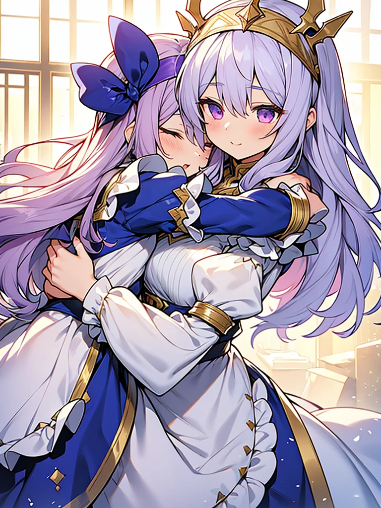 2people,hug,
//
1of2=Ishtar,silver hair,dress of gold and lapis lazuli,
//
2of2=Ninshubur,maid uniform frilly headband,light purple hair,