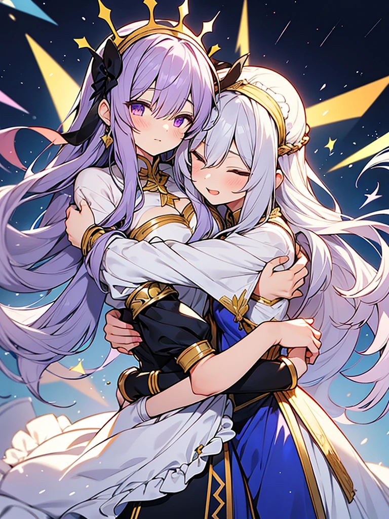 2people,hug,
 // 
1of2=Ishtar,silver hair,dress of gold and lapis lazuli,
 // 
2of2=Ninshubur,maid uniform frilly headband,light purple hair,