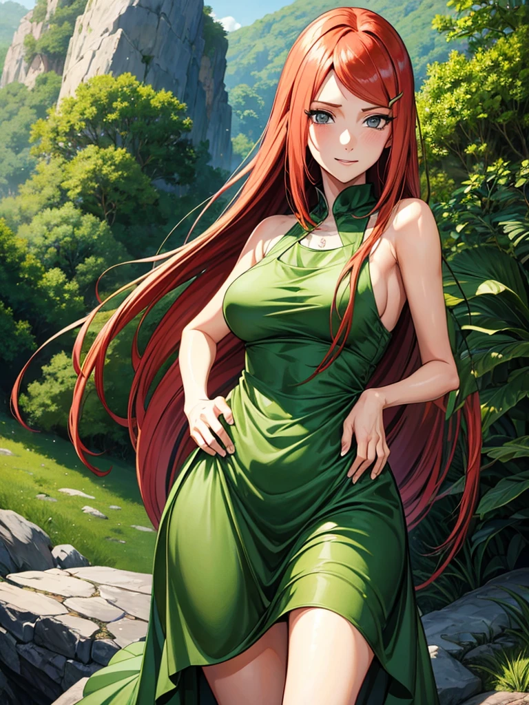 uzumaki_kushina, large_breasts, standing, solo, kushina_green_dress, masterpiece, best quality, detailed face, detailed eyes, highres, smile, (masterpiece:1.4, best quality:1.2), (Highres), (Detailed Illustration), Ultra-Detailed, konohagakure, uzumaki_kushina, kushina_green_dress, standing straight, looking in front,