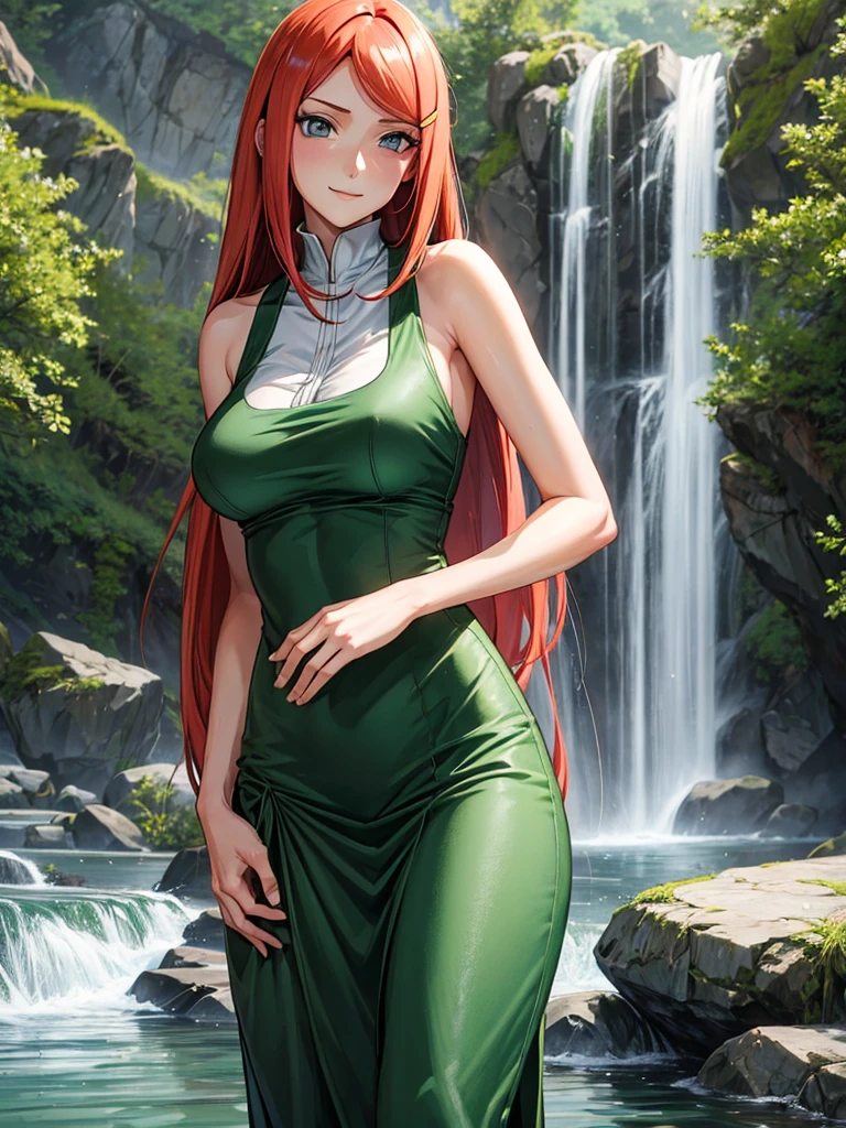 uzumaki_kushina, large_breasts, standing, solo, kushina_green_dress, masterpiece, best quality, detailed face, detailed eyes, highres, smile, (masterpiece:1.4, best quality:1.2), (Highres), (Detailed Illustration), Ultra-Detailed, konohagakure, uzumaki_kushina, kushina_green_dress, standing straight, looking in front,