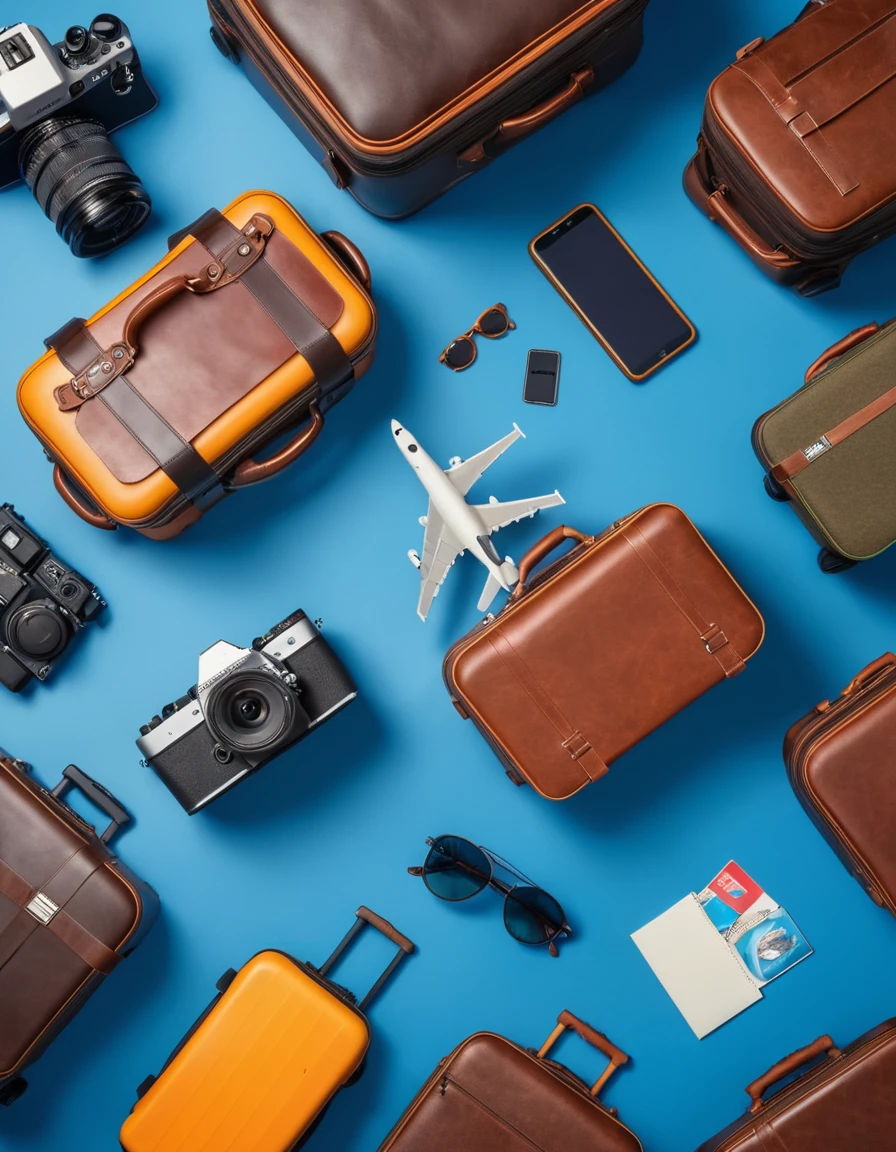 des valises et accessoires de voyage sur fond bleu, très réaliste, sacs à dos