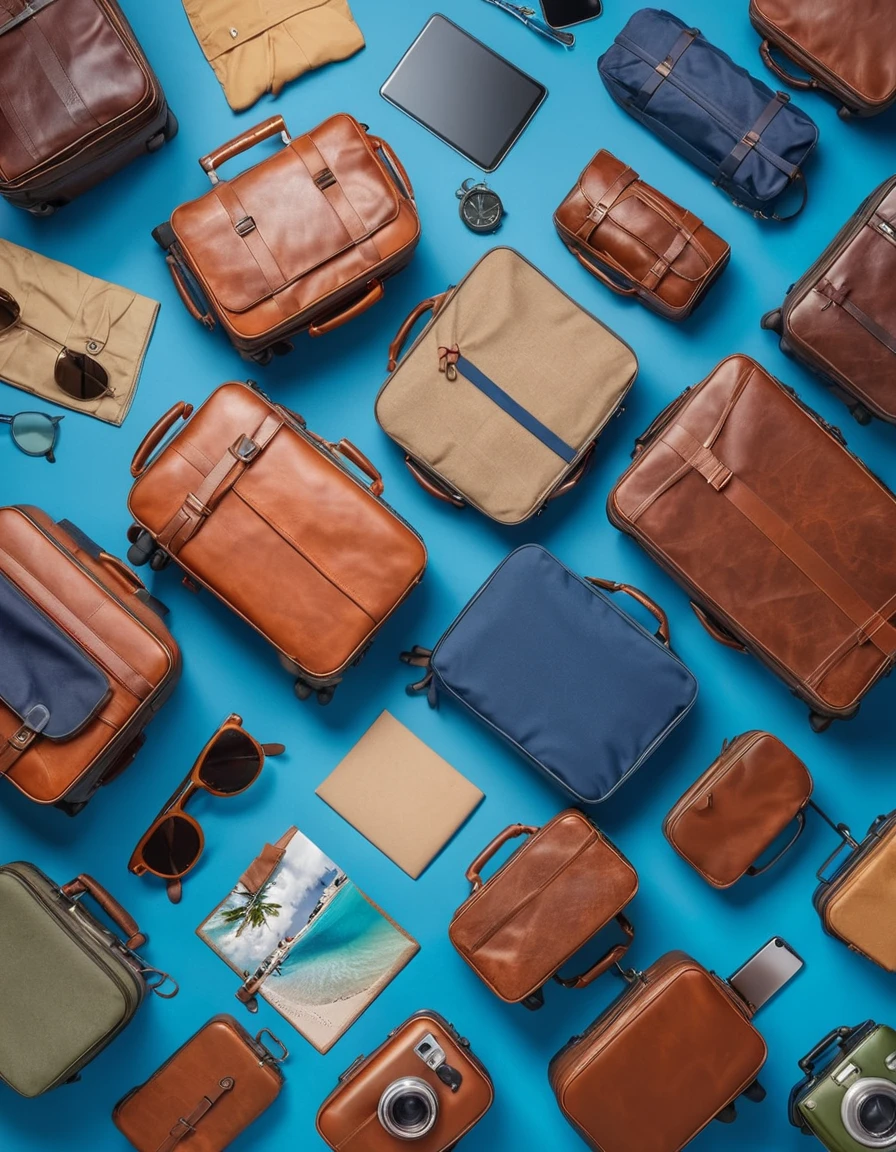 des valises et accessoires de voyage sur fond bleu, très réaliste, sacs à dos