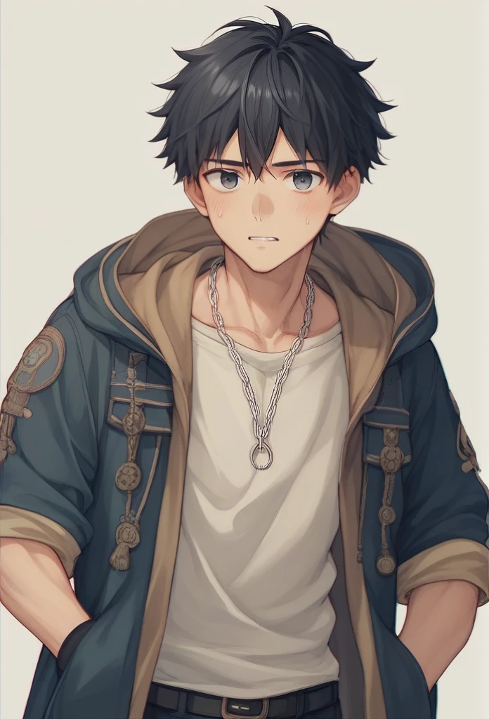 male。A hairstyle with the sides shaved and the top left、Wearing silver ring ear cuffs、Around her neck she wears a simple, thin silver chain necklace.、腕には青い数珠のブレスレットを付けている31歳の日本人male性。170cm、85kg、A combination of Western clothing and a Japanese haori coat。
Black Hair。