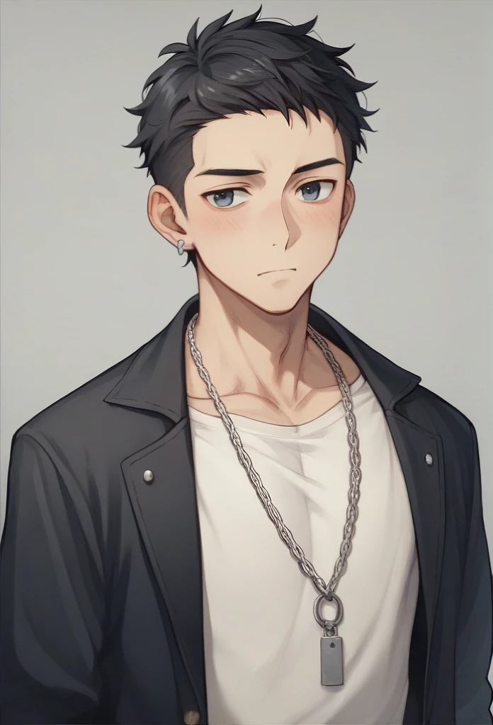 male。A hairstyle with the sides shaved and the top left、Wearing silver ring ear cuffs、Around her neck she wears a simple, thin silver chain necklace.、腕には青い数珠のブレスレットを付けている31歳の日本人male性。170cm、85kg、A combination of Western clothing and a Japanese haori coat。
Black Hair。