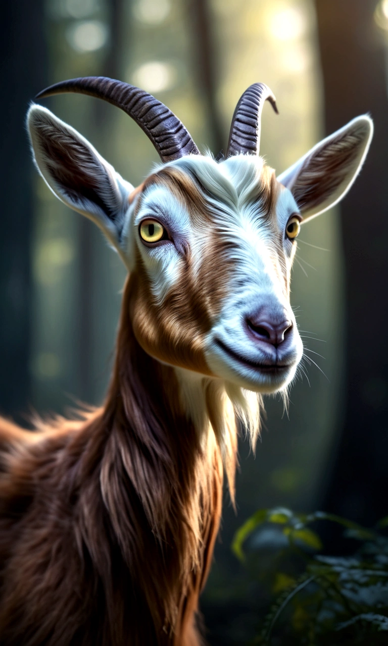 Mysterious creatures in the forest, Goat-like appearance, There are big eyes on the back, Four ears, Nine long tails, Side View (best quality, 4K, 8K, High-rise, masterpiece: 1.2), Ultrafine, (Practical, photo Practical, photo Practical: 1.37), Detailed Animals, complex pattern, Dramatic Lighting, Fantasy Creatures