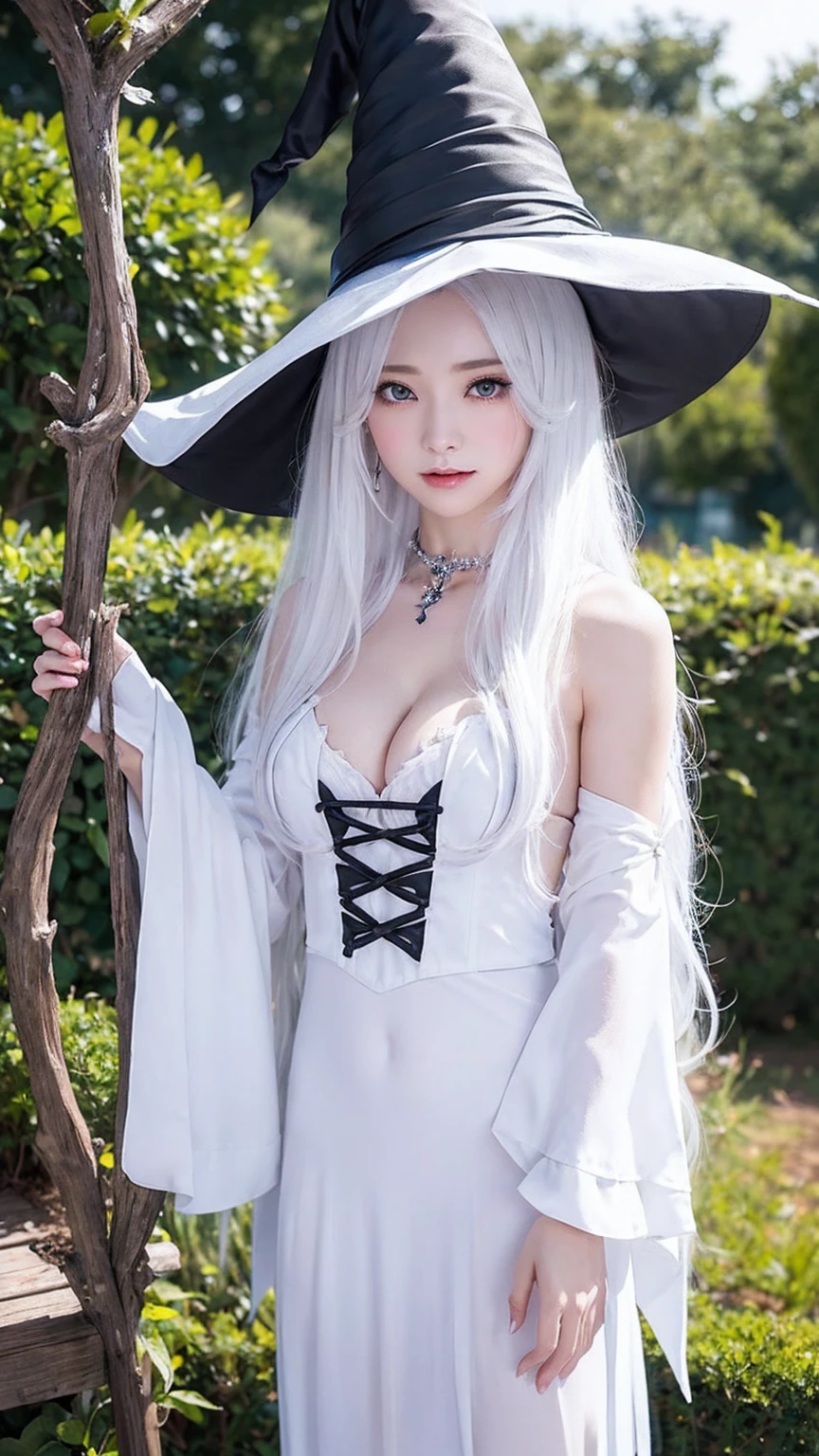 (A revealing white witch cosplay、Witch Hat、Witch's wand、Witch's Short Skirt、Witch Boots、Sit by the window、Cosplay with jeweled decorations)、Embarrassed expression、Worried brow、Braiding, Thighs、Camel Toe、knees、Big nipples、Chest to , choker、Standing、Beautiful eyes、Gorgeous earrings、Beautiful woman with perfect figure、Slim Abs、Thick brown hair, Big  bigger than your head:1.4, Highly detailed face and skin texture, double eyelid, Exposed ,  (Fishnet tights)、(night、Fantasy、Crescent Moon、Fantasy Background:1.4)、(Show your  to viewers:1.4)