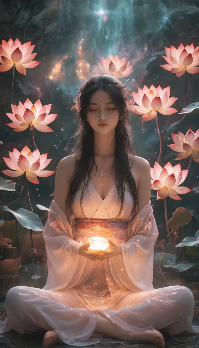 Full body photo of a girl in lotus position,Anatomically correct,born, Cinematic shots, (Sharp focus:1.5), (Realistic:1.4), dusk lighting, Volumetric lighting, Ultra-high resolution, 16K,Dramatic lighting, Abstract background:1.5)(Tangleた,Datura stramonium,Tangle,Intertwined:0.7)Fox Witch,kitsune mask,Haori, Foxfire spells, Fox family, conversion, Depth of written boundary, A fantastic atmosphere, The most beautiful form of chaos, Elegance, Fauvist Design Dark Theme, flowers of death, flowers of ecstasy,Glowing Lines,Glow Example,Tracking example,flash, Backlight,translucent,Particles of light,hill,exit