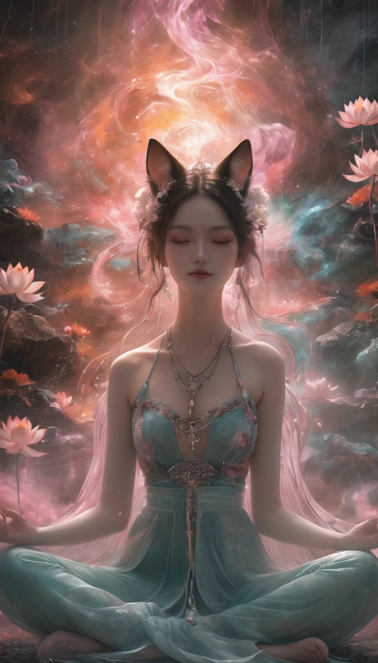 Full body photo of a girl in lotus position,Anatomically correct,born, Cinematic shots, (Sharp focus:1.5), (Realistic:1.4), dusk lighting, Volumetric lighting, Ultra-high resolution, 16K,Dramatic lighting, Abstract background:1.5)(Tangleた,Datura stramonium,Tangle,Intertwined:0.7)Fox Witch,kitsune mask,Haori, Foxfire spells, Fox family, conversion, Depth of written boundary, A fantastic atmosphere, The most beautiful form of chaos, Elegance, Fauvist Design Dark Theme, flowers of death, flowers of ecstasy,Glowing Lines,Glow Example,Tracking example,flash, Backlight,translucent,Particles of light,hill,exit