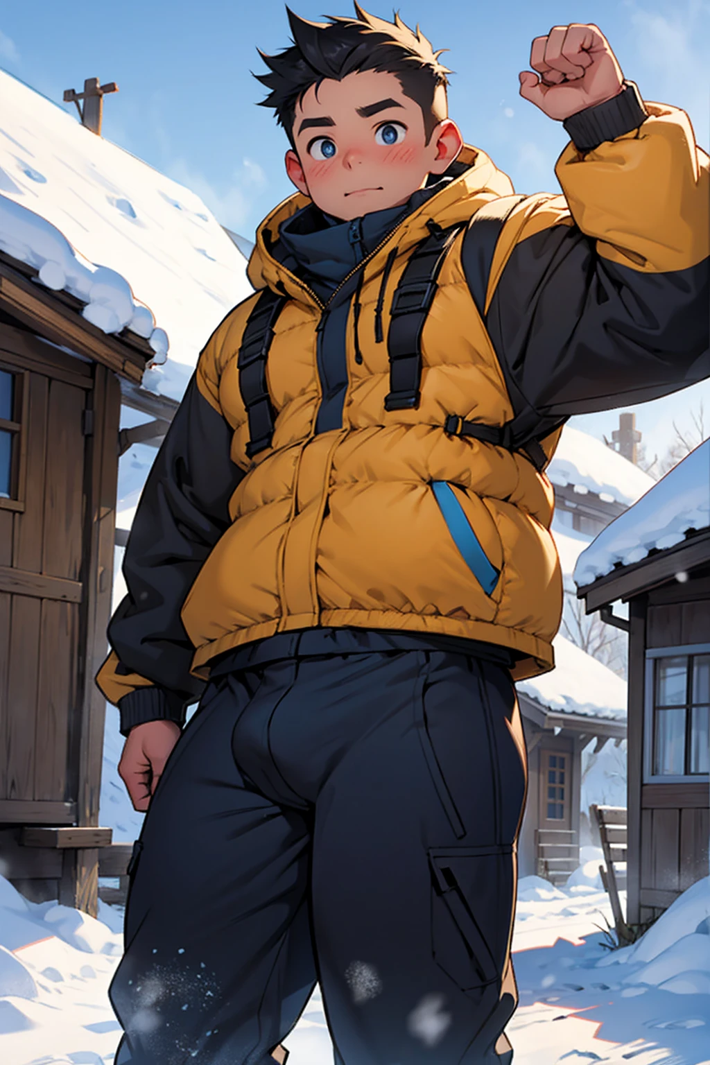 Draw a chubby cute boy，Stand in front of a hut in the snow。Goggles are worn on the forehead，Wear thick adventure clothing，The clothes are open to reveal the belly，Chubby 18 year old boy，The crotch protrudes，pupils，prominent pubis，Shy，The crotch protrudes，Protruding pubis，The crotch is raised