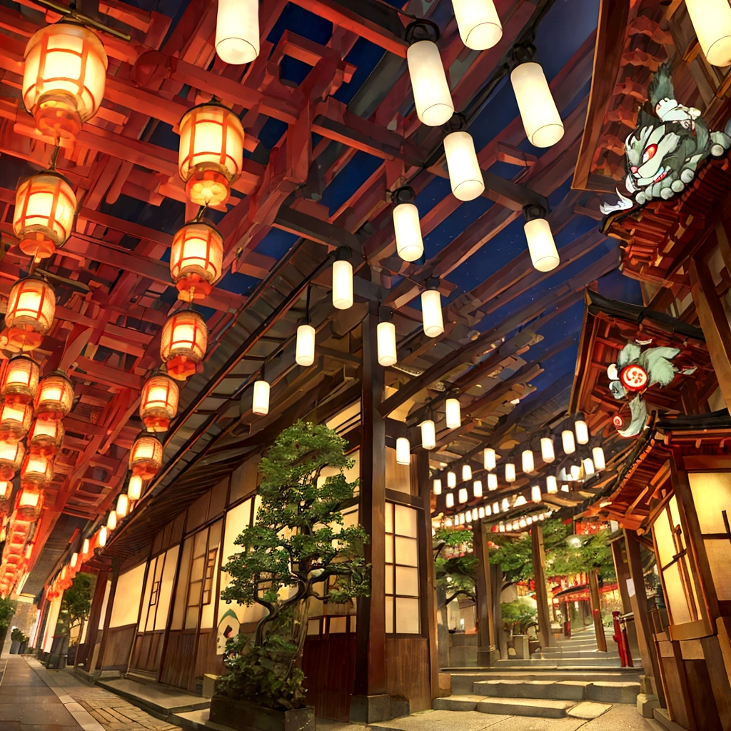 Japanese cityscape,Lights are scattered、A yokai stands