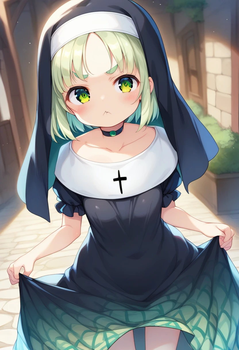 score_9, ,score_7_up, score_6_up, 1girl, source_cartoon, source_anime,breathtalking Scenery,watercolor,smooth soft skin, natural skin,anu
BREAK
(loli:1.4),(little female child:1.4), small breast,cute face, (loli toddler:1.1), 6 yo,kawaii, (highlight on eyes), (jiggly:0.8), shiny skin,beautiful eyes, detailed eyes, puffy eyes,
BREAK
(medium green hair:1.3),(green maro eyebrows:1.6),pouty and slightly grumpy,(pout:1.2), ::(, (jitome),(frown:0.6),white streaked hair, green eyes,
BREAK
from behind, behind shot,(geometric pattern nun dress), (pastel veil:1.2),choker,nun,excessive detailed collarbone,exposed collarbone, dynamicangle,
BREAK
As the cultural festival unfolded, the picturesque setting of the old town, with its cobblestone streets and ancient architecture, seemed to transport us back in time
