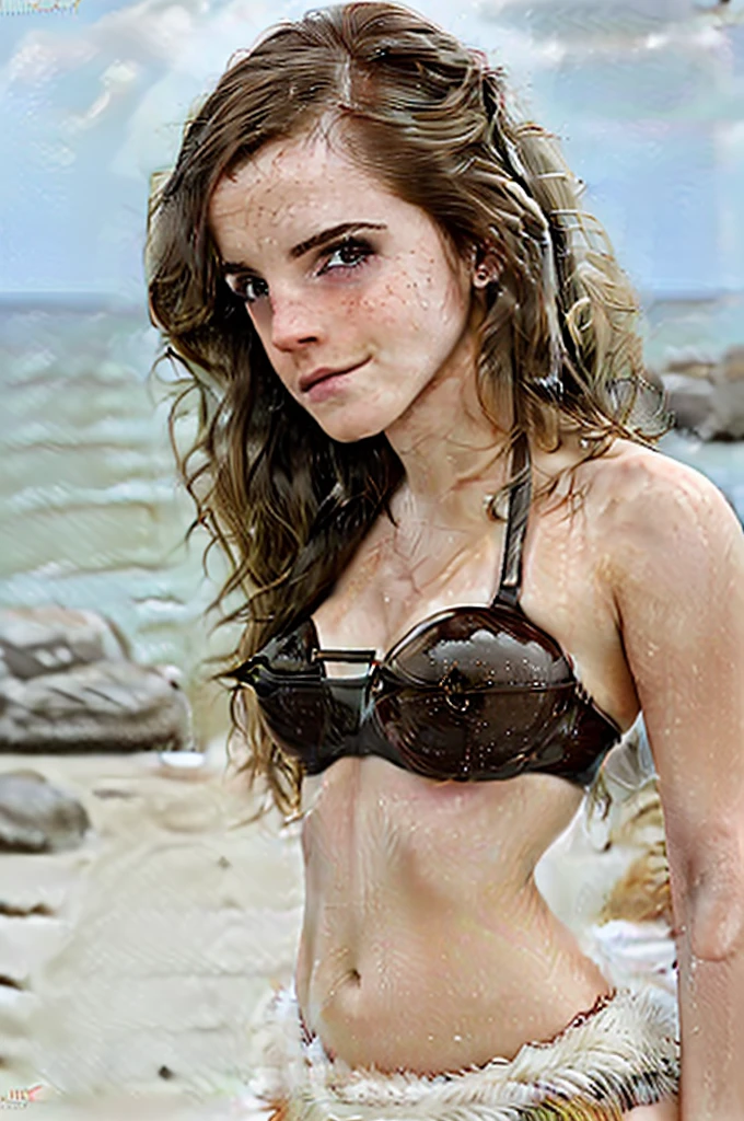 ((best quality)), ((masterpiece)), ((Emma Watson
)), (seducing viewer), short, feminine, (petite, slim body), pale skin, glowing skin, shiny skin, detailed skin texture, beautiful face, 22 year-old Russian woman, (mature), ((big boobs)), small cheeks, long hair, (((blond hair), (absurdly long hair), fringe trim, neat fringe, shiny eyes, beautiful, bare shoulders, bare neck, bare arms, midriff)), ((bare arms)), ((bare sleeves)), bare sideboobs, (seductive pose), glossy lips, sexy, mascara, thick eyelashes, brilliant colors, 2k, 4k, 8k, high definition, ((((ultra realistic)))), ((((extremely detailed)))), (((beautifully detailed background))), intricate background, ((beach in the background, beach)), flirty eyes, cheeky at you, rim lighting, (high-resolution:1.2), perfect lighting, cinematic lighting, bokeh, light bloom, obese, round bikini top, (long green grass skirt), flower lei, vivid colors