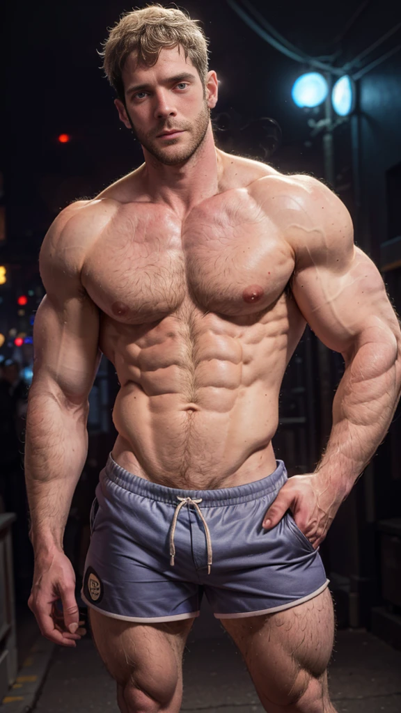 Masterpiece, denoise, void noise, one man, best quality, 8k resolution, male focus, focus only, amazing composition, volumetric lighting, super quality, elegant, Very detailed, front view, facing viewer, -----------, 35 years old, mature face, muscular, Caucasian, (((white skin, pale skin))), handsome, (detailed light-blue eyes), ((light blonde hair, messy medium hairstyle)), big ears, (hairy pectorals, thick plenty chest and body hair), (medium long beard), (((((Jim Sturgess mixed with Russell Tovey))))), (((big nipples, perky nipples))), ------------, ((((detailed shorts)))), (((knees up view))), ((((shirtless, topless)))), (((directly in front of viewer))), (((standing straight)))