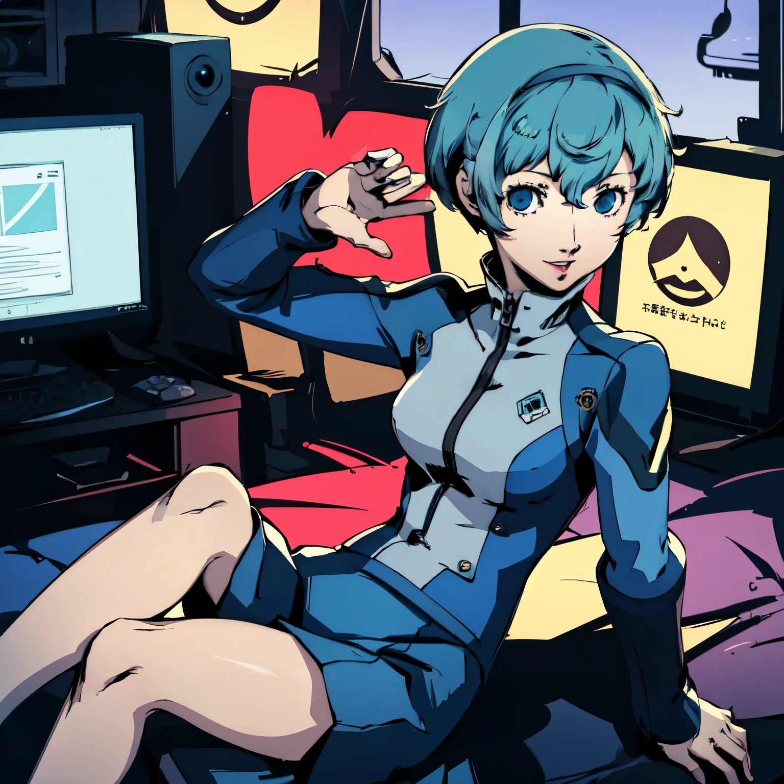 ((P3 Yamagishi Fuuka)),masterpiece, ((best quality)),((1 girl)), blue eyes, light aqua hair, female , tomboy Pixie haircut, deep blue suit,smiling,hacker,in the,dark room,sitting,looking monitor,long skirt,sexy,
