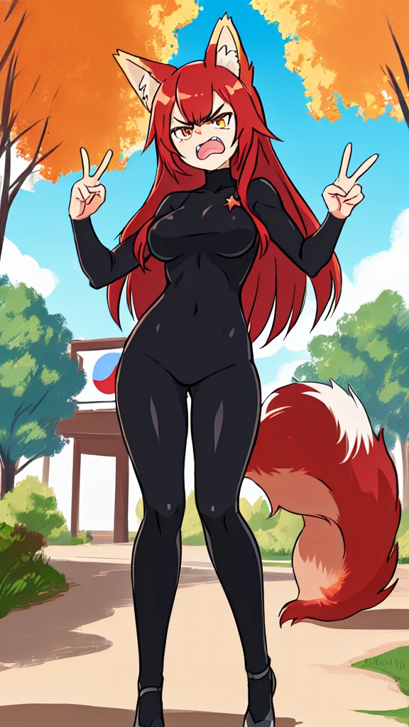 1girl ,20s,angry face,black bodysuit,(red hair),long hair,fox ears, sunny, park,peace_sign