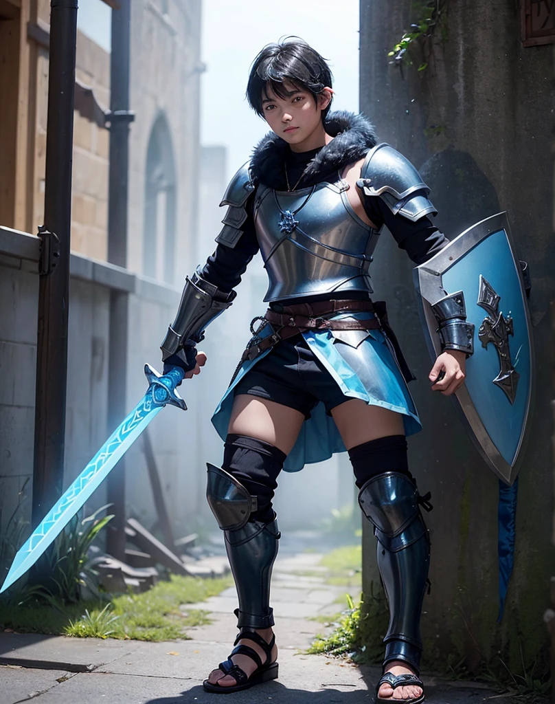 Young 13-year-old boy with black hair and brown eyes, innocent and happy, dressed in short neon-blue medieval barbarian clothes, fur shorts, light-blue battle armor, weilding silver sword and shield, sandals; fullbody; short hair, boyish athletic, sexy,