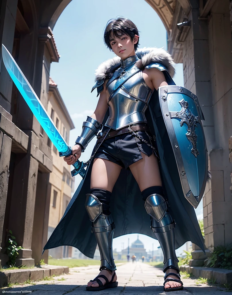 Young 13-year-old boy with black hair and brown eyes, innocent and happy, dressed in short neon-blue medieval barbarian clothes, fur shorts, light-blue battle armor, weilding silver sword and shield, sandals; fullbody; short hair, boyish athletic, sexy,