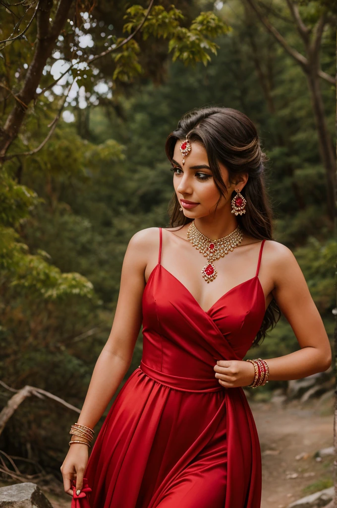 A girl wearing red gown bangles jewelries in a mountain