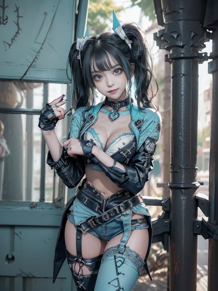 (Full body view:1.4)、(Full Body View:1.4)、(Side view:1.1)、(Smiling with teeth showing:1.3),(Shibuya Gal:1.5)、(Maid café clerk:1.5)、(Punk RockVisual Kei:1.4)、(Turquoise, navy and denim medieval noble zip up:1.5)、(Navy and white arm covers and bugle pants:1.5)、(Blue high heels:1.3)、(Wearing silver accessories:1.5)、(Dark brown collar:1.4)、(Leather garter belt:1.4)、(Brown Skin Belt:1.3)、(Black lace underwear:1.5)、20-year-old、NSFW、((Highest quality、In 8K、masterpiece:1.3))、Sharp focus:1.2、(Layered Cut、Huge boobs:1.1),Beautiful woman with perfect figure:1.4、(Doing an aerobics pose:1.3)、Slender Abs:1.2、Highly detailed face and skin texture、Detailed eyes、double eyelid,(Twin tails:1.3)、(Black Hair:1.3)、Gravure idol、(A fairytale-like cafe with a lush tree background:1.3)、(Slim body:1.3),(Make your legs thinner:1.4),(Thin, thin thighs:1.3)、(clavicle:1.1)