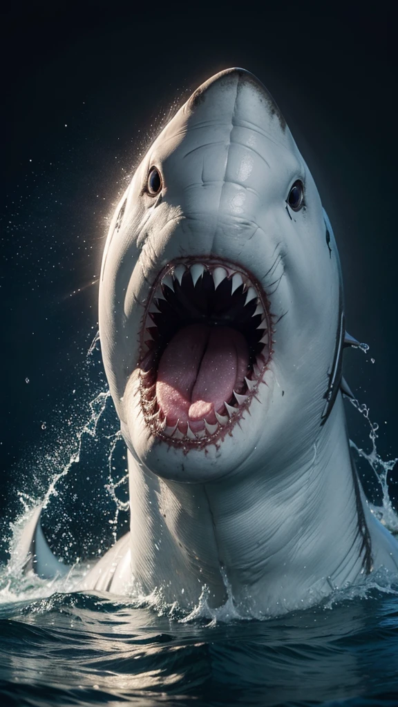 Big white shark inside the dark sea
