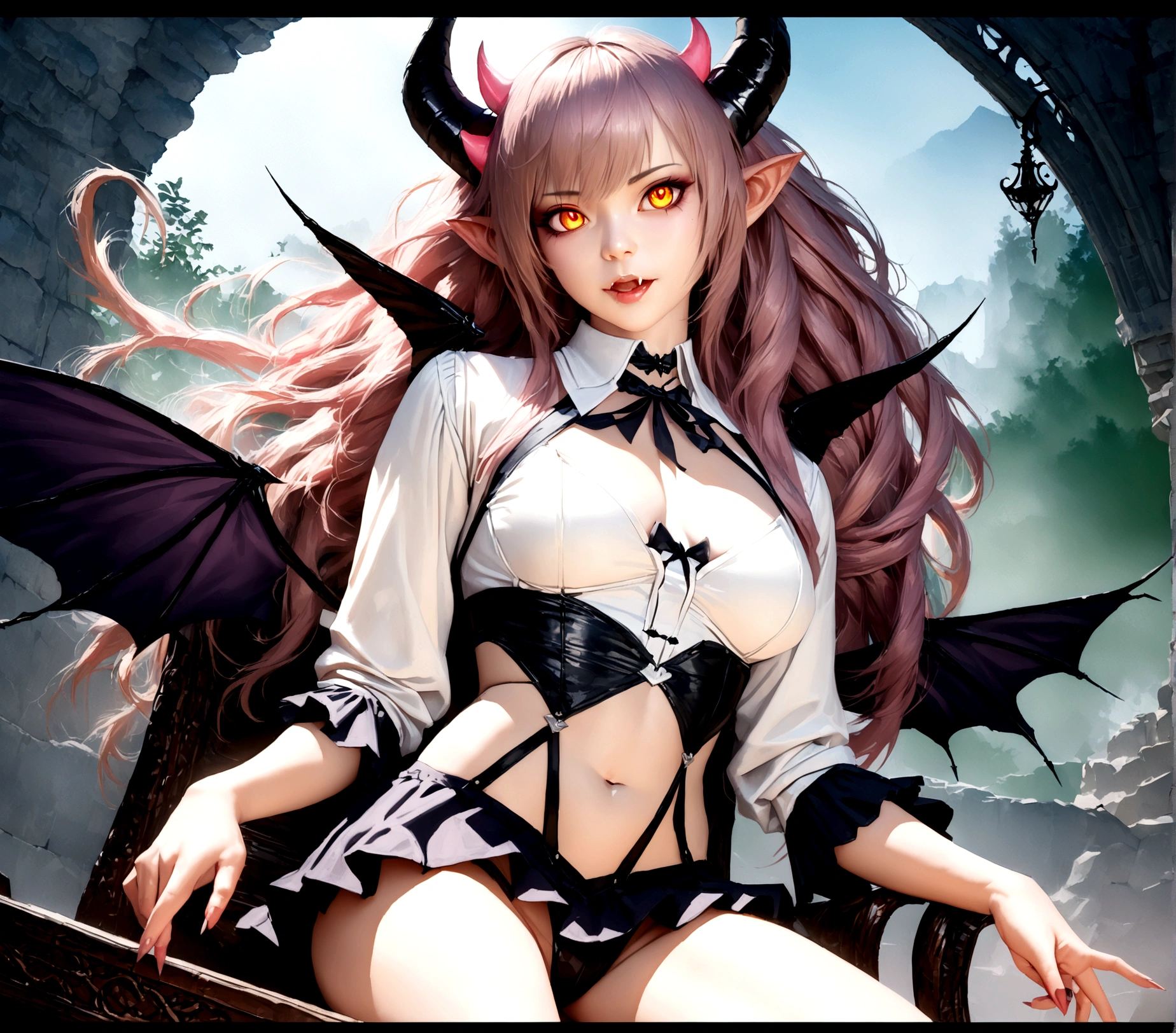 A beautiful, seductive female succubus with glowing red eyes, sharp fangs, and horns, wearing a revealing black leather outfit, sitting on a throne in a dark, gothic fantasy landscape with twisted trees, purple mist, and a full moon in the sky, (best quality,4k,8k,highres,masterpiece:1.2),ultra-detailed,(realistic,photorealistic,photo-realistic:1.37),intricate details,chiaroscuro lighting,dramatic shadows,moody atmosphere,dark fantasy,gothic,twisted,dramatic