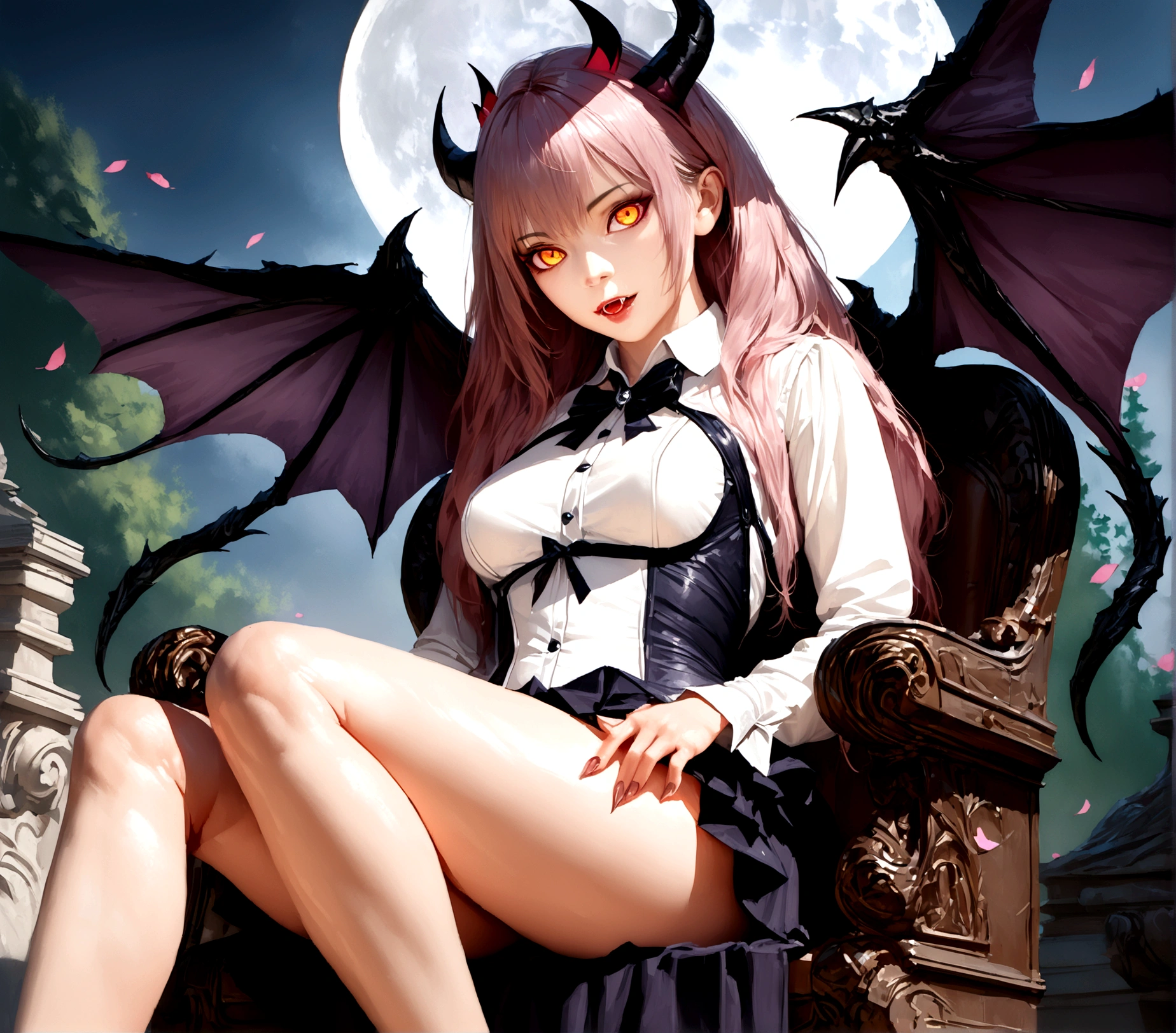 A beautiful, seductive female succubus with glowing red eyes, sharp fangs, and horns, wearing a revealing black leather outfit, sitting on a throne in a dark, gothic fantasy landscape with twisted trees, purple mist, and a full moon in the sky, (best quality,4k,8k,highres,masterpiece:1.2),ultra-detailed,(realistic,photorealistic,photo-realistic:1.37),intricate details,chiaroscuro lighting,dramatic shadows,moody atmosphere,dark fantasy,gothic,twisted,dramatic