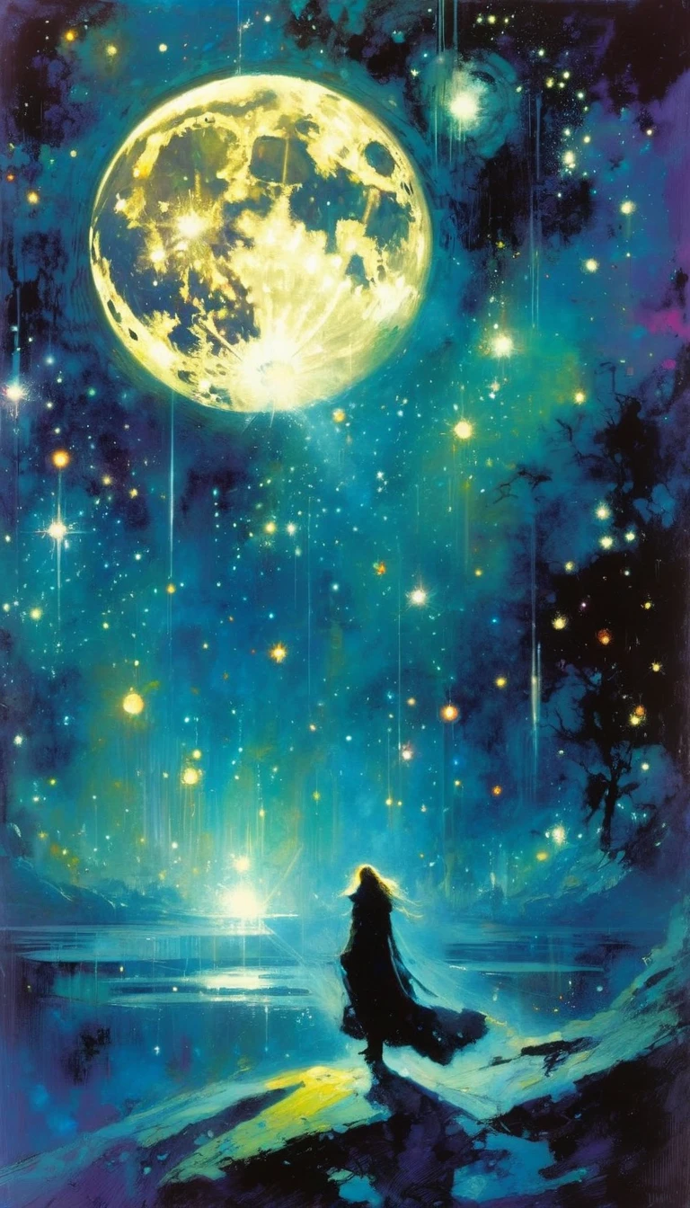 magic, fantastic, night sky, moon, stars, background, (art inspired in Bill Sienkiewicz). oil painting)