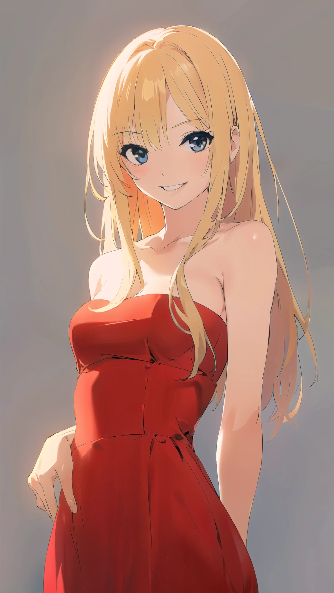 solo, 1girl, strapless, red midi dress, simple background,  smile, middle , middle hair, blonde